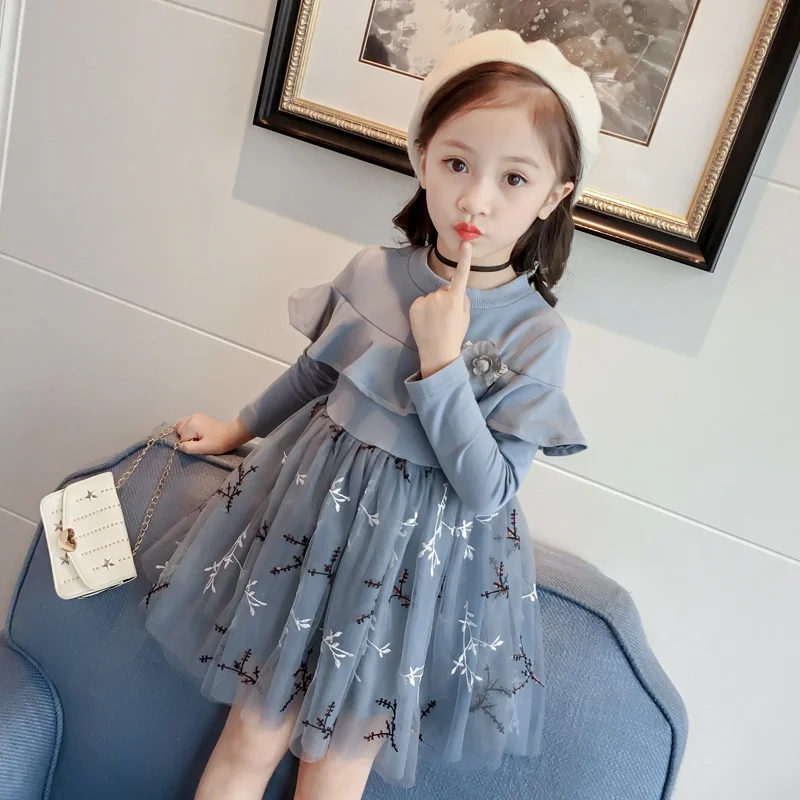 

For 2-7 Years Baby Kids Long-Sleeved Dress Girls Cute Mesh Stitching Print Princess Sweet Birthday Party Dress Autumn Spring