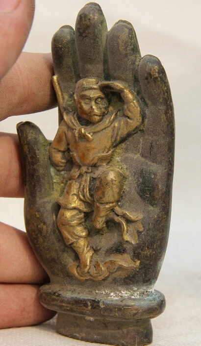 

4" Old Chinese Buddhism Bronze Gild Buddha Hand Sun Wu Kong Monkey King Statue S0705