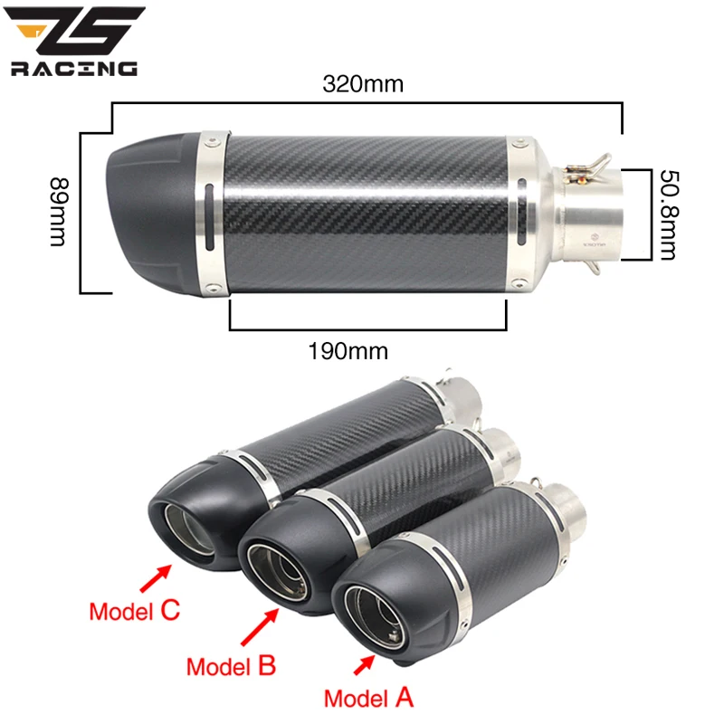

ZS Racing 51mm Universal Motorcycle Real Carbon Fiber Slip-On Exhaust Muffler Pipe Escape With DB Killer For Dirt Bike Scooter