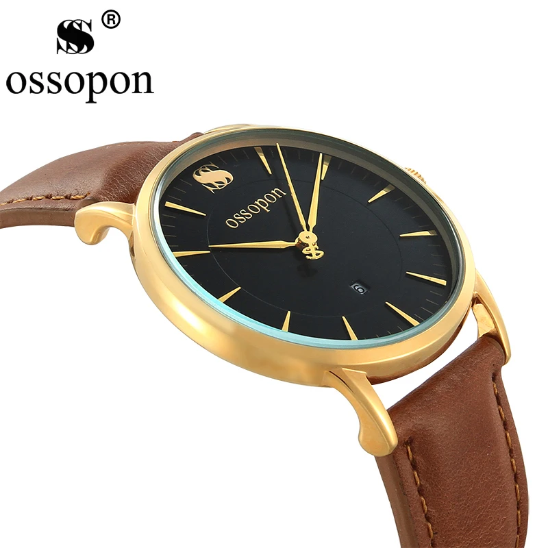 OSSOPON 38mm Minimalist Quartz watch Leather Simple Ultra Thin Watch