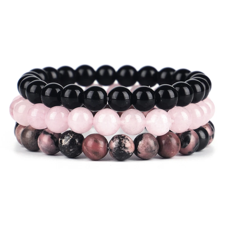 

Handmade Black Onyx Rhodonite Rose Quartzs Beaded Wrist Men Women Natural Stone bracelet sets Stackable Mala Bracelets