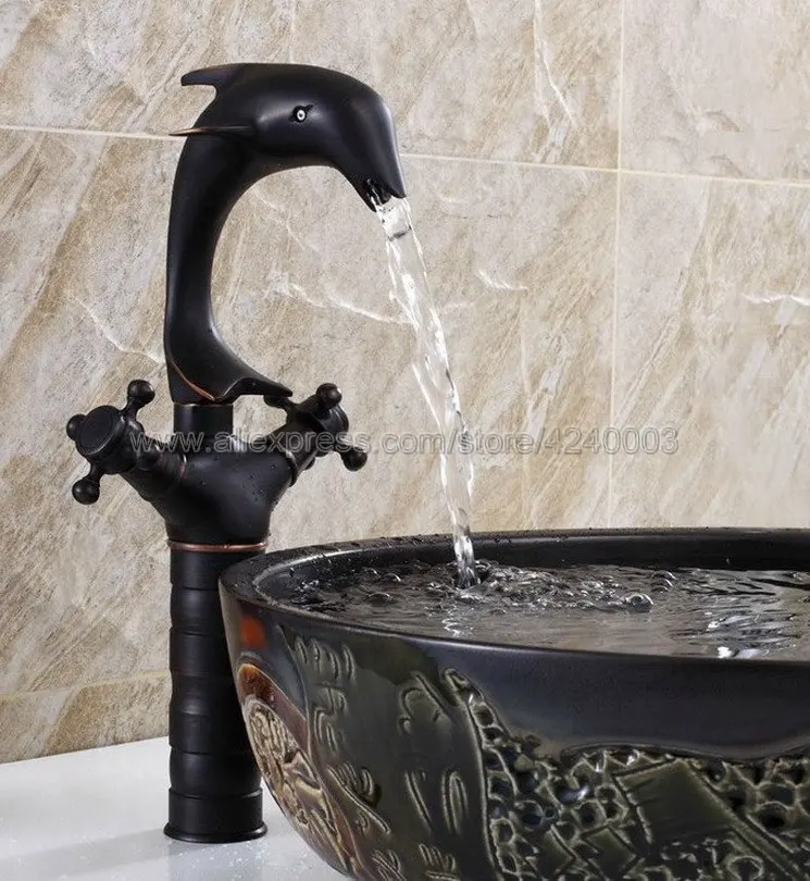 Dolphin Style Basin Faucet Black Brass Bathroom Vessel Sink Faucet - One Hole / Double Handle Deck Mounted Knf315