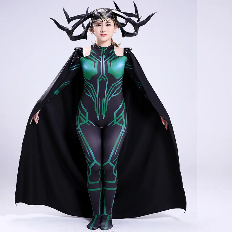 Thor Ragnarok Hela; карнавальный костюм; вечерние костюмы супергероя на Хэллоуин; Zentai; комбинезон для взрослых с накидкой и головным убором