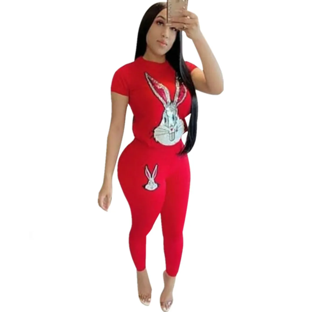 Спортивный костюм из двух предметов с принтом героев мультфильмов; футболка с короткими рукавами и круглым вырезом; длина по щиколотку; брюки; повседневная женская одежда - Цвет: Красный