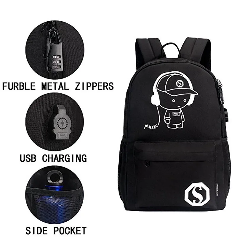 Anime luminoso estudiante escuela mochila para niño niña Paquete De día multifunción puerto de carga USB y Bolsa Escolar de bloqueo negro Anime luminoso estudiante escuela mochila para niño niña Paquete De día multifunción puerto de carga USB y Bolsa Escolar de bloqueo negro