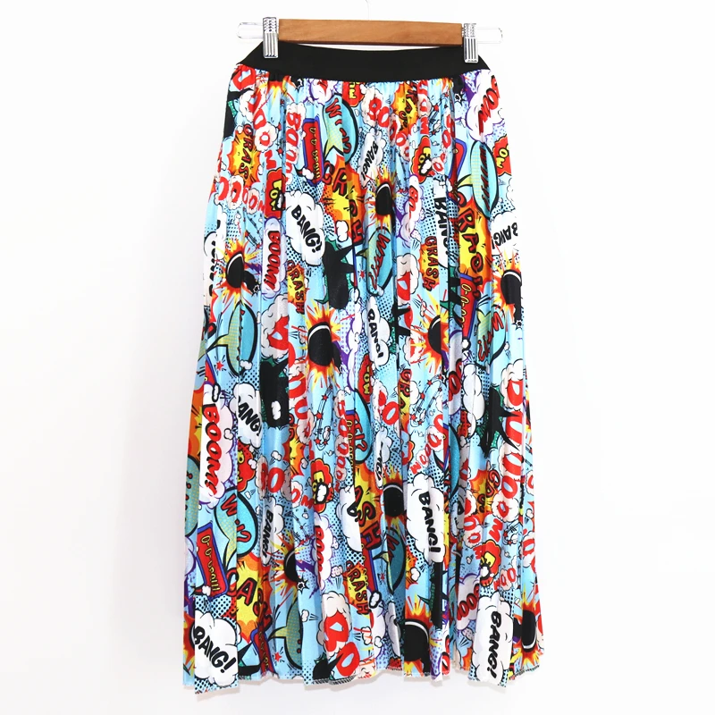 

2019 Street Style A-line Spring New-Coming Europen Cartoon Pattern High Elasticity Pleated skirt High