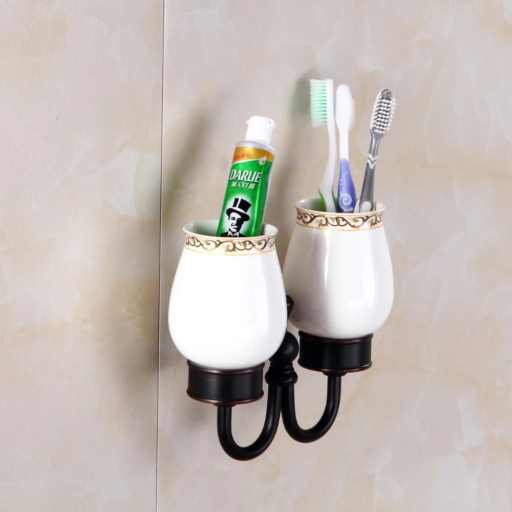 Cup & Tumbler Holders Brass Antique/Black Tumbler Toothpaste Toothbrush Holder With Double Carved Bathroom Accessories 9198K