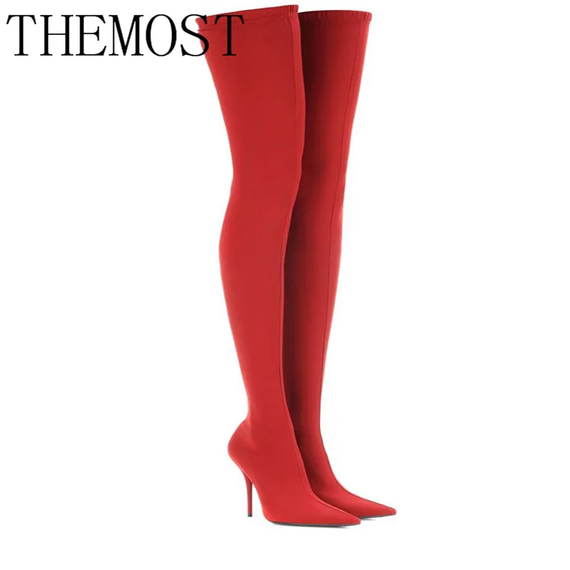 ARQA2019/пикантные высокие сапоги до бедра; сезон зима-лето; Сатиновые эластичные Высокие Сапоги выше колена на тонком высоком каблуке; женская обувь - Цвет: Красный