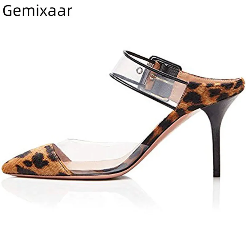 

Sexy Leopard Print Shoes Woman Pointed Toe Slim Shallow PVC Ankle Buckle Party Slides Summer High Gladiator Heel Woman Slippers