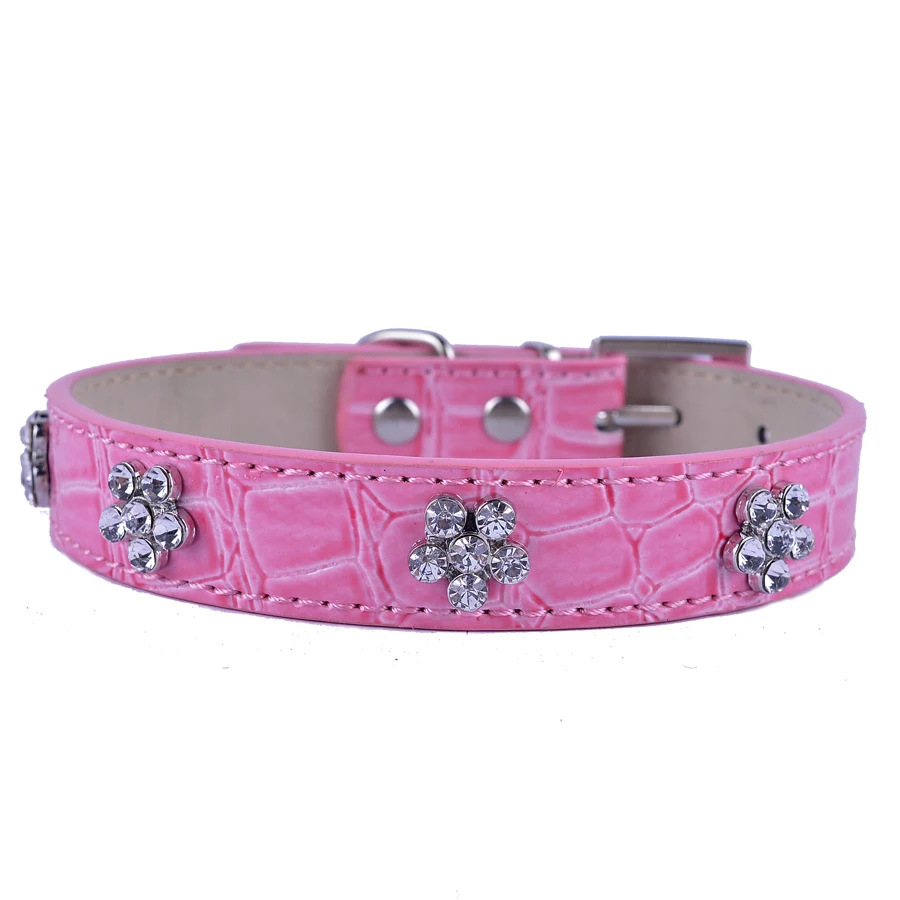 

Personalized Dog Collar Rhinestones Flowers Accessories Pink Black Blue White Color Croc Leather Collars For Dogs Chihuahua