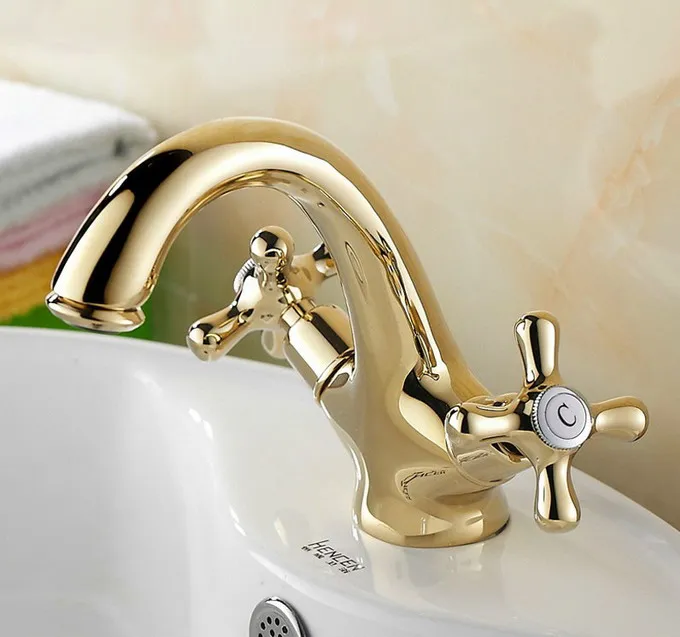 Polished Gold Color Brass Dual Cross Handle Bathroom Faucet Sink