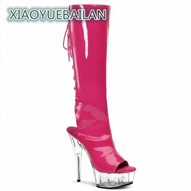 

Back Lace Boots, Boots, Slim Heels, Super High Heels, Fish Mouth Crystal Bottom