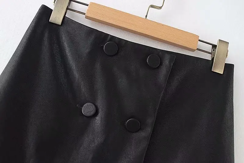 Модная женская плиссированная юбка из искусственной кожи, европейский стиль, передняя двойная пуговица, высокая талия, винтажная черная мини-юбка, AAZZ9040
