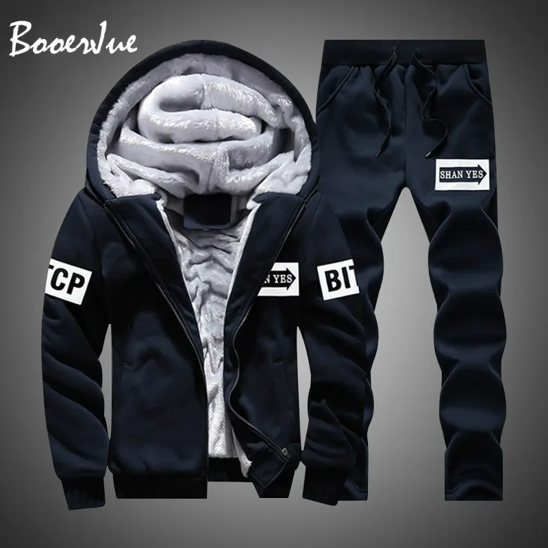 

Casual Men Tracksuit Winter Two Pieces Sets Fleece Thick Hooded Zipper Jacket + Pants Warm 2 PCS Sporting Suit Sportswears M-4XL