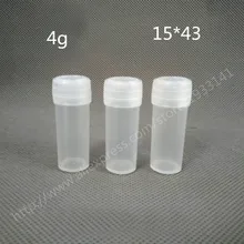 Hot sale 1000 Pçs/lote 4 G pequena garrafa, 15*43mm tubo de plástico mini, 4cc plstic recipiente atacado