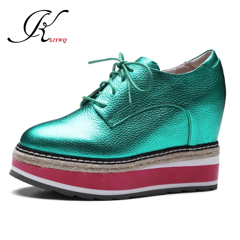 KSJYWQ 2017 Women Wedges 4 cm Increased Genuine leather platform shoes Woman Spring Casual Thick Soles Shoe Box Packing 9070