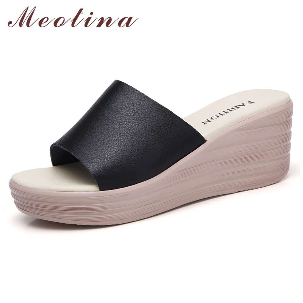 

Meotina Women Slippers Summer Shoes Cow Leather Platform Wedges Heel Shoes Casual Open Toe Slides Lady Sandals Sliver Size 35-40