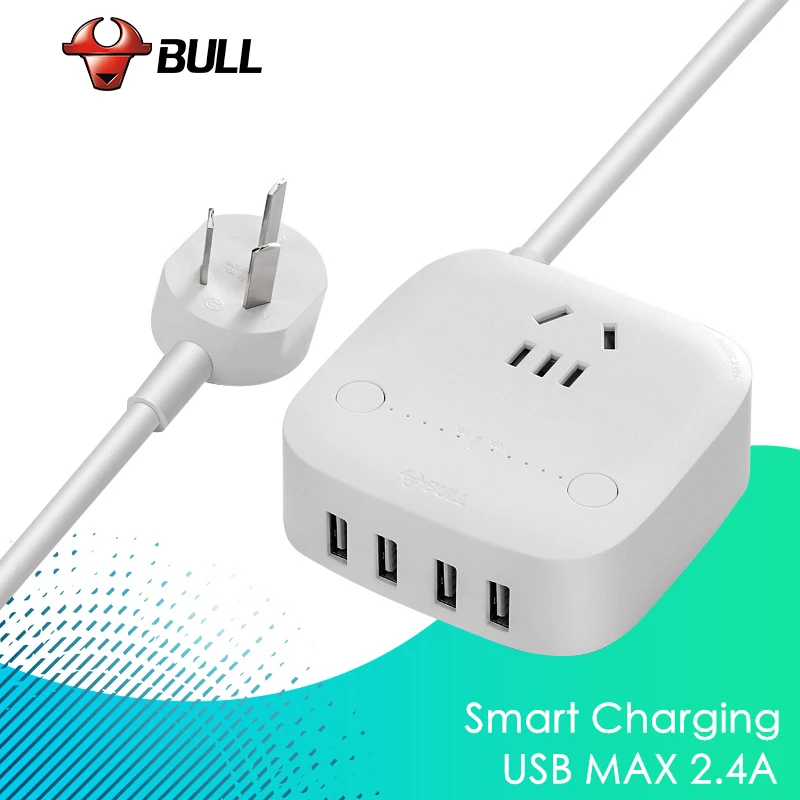 BULL Smart Charger 4 USB 2.4A Fast Charging 10A/250V/2500W Timing Function for iPhone iPad Samsung S9 S9+ Xiaomi Huawei P10 | Электроника