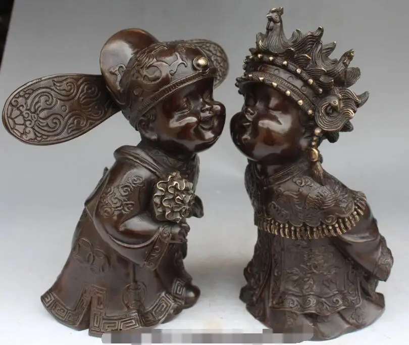 

S1674 9" Chinese Pure Bronze Dragon Phoenix Couple Happy Bridegroom Bride Pair Statue