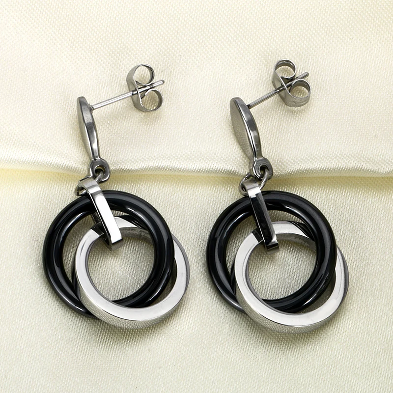 Women Double Round Circle Earrings Ceramic Steel Drop Earring Black Color Elegant Lady Fashion Jewelry Girl Wedding Party Gifts