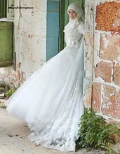 2016 New Muslim Wedding Dress Noble White Ivory Applique Long Sleeve Hijab Bridal Dress Islamic Arab Wedding Dress Hot Sale