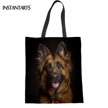 

INSTANTARTS Casual Women Linen Shopping Tote Bags Cute Puppies German Shepherd Print Female Eco Bag Reusable Market Shopper Bags