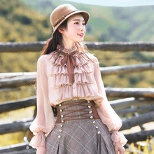 Free Shipping Boshow 2019 New Fashion Pink And White Shirts For Women Long Lantern Sleeve Ruffles Blouses Tops S-L Spring Autumn