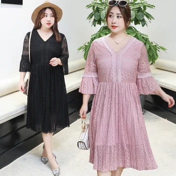 

DTYNZ Elegant Fashion Lace Dress Sexy Fat Large Women Dress Summer Maxi Hollow Out Dress Plus Size Black Pink Vestido