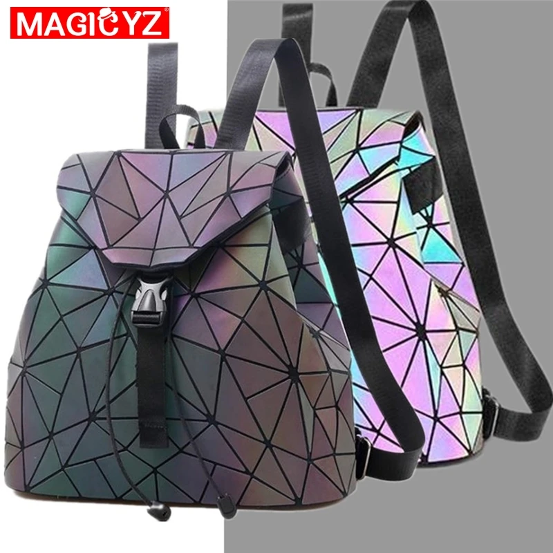 

MAGICYZ Luminous Sequin Female Backpacks Holographic laser Triangle splice Women Drawstring Backpacks for Preppy style book Bag
