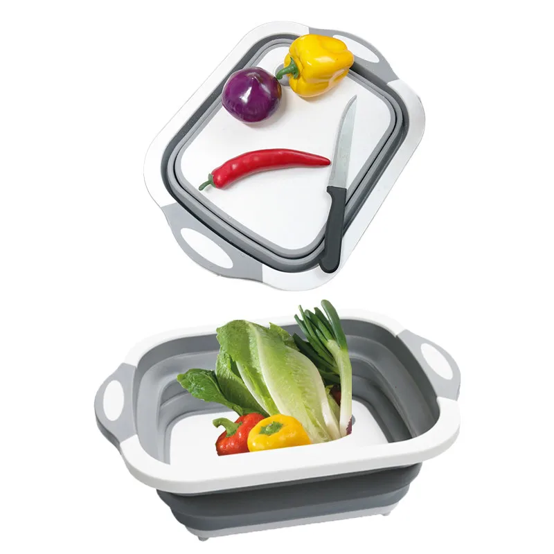 

4 IN 1 Folding Cutting Board Basket Collapsible Dish Tub with Draining Plug Colander Fruits Vegetables Wash Drain Sink Storage