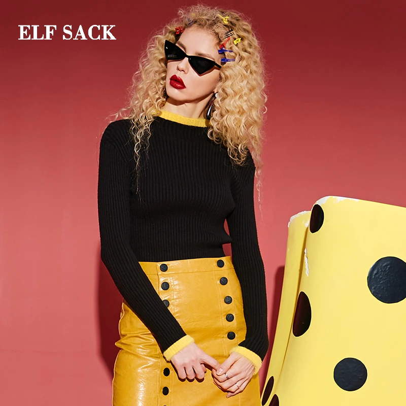 

ELF SACK Stylish Woman Sweater Casual O-Neck Hand Knitted Patchwork Women Pullovers Full Skinny Femme Sweater Streetwear Tops