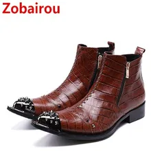 Zobairou корейской моды Стиль острый носок Ботильоны с заклепками кожа Высокие каблуки шпильки Военная Униформа ковбойские ботинки увеличивающие рост
