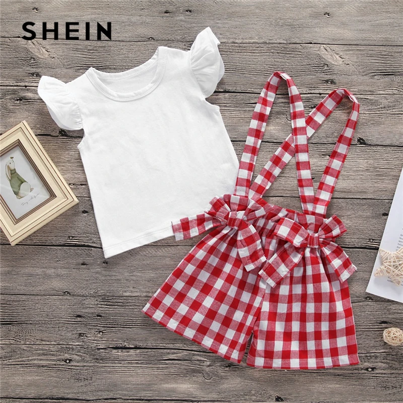 SHEIN Kiddie Girls Cap Sleeve T-Shirt With Gingham Straps Shorts Two Piece Sets 2019 Summer Double Bow Front Preppy Kids Outfits