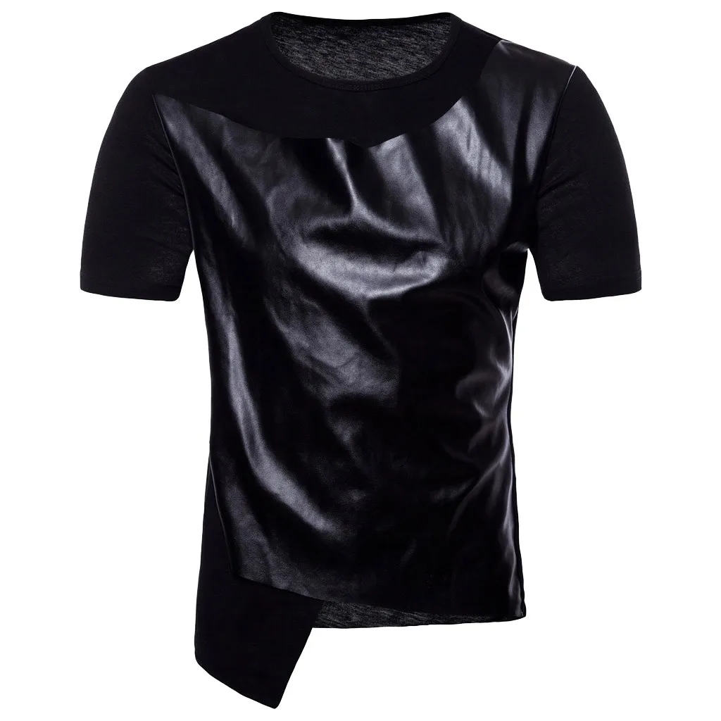 

Fashion PU Summer Men Irregular Leather Patchwork Short Sleeve O-Neck T-shirt Tops solid t-shirt leisure clothing Blouses
