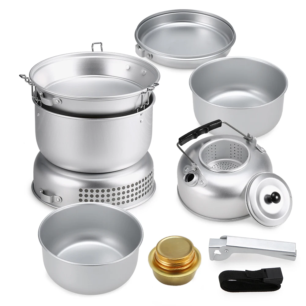 

10 PCS Outdoor Camping Cooking Set Portable Cookware Cookout Utensil Dish Plate Pots Water Kettle Alcohol Stove Wind Shield