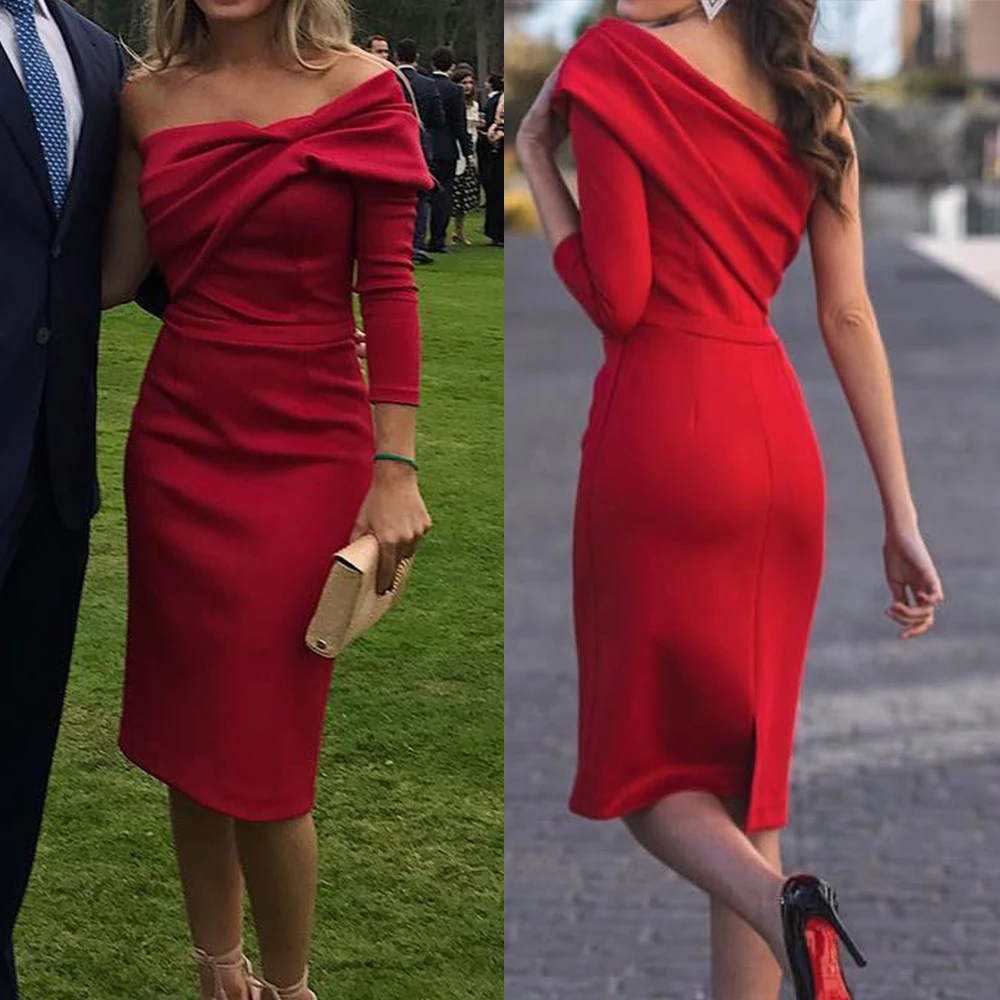 red knee length dress with sleeves