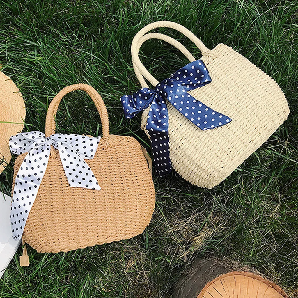 

Women's Fashion Retro Woven Bow Shoulder Bag Dot Solid Color Handbag Woven Bags Beach Bags Ladies Shoulder Messenger Bags