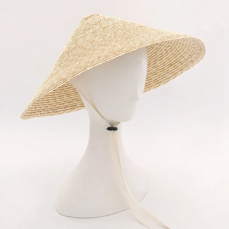 Large Brim Conical Natural Color Bamboo Rain Straw Sun Hat Female Women Funny Cylindrical Steeple-Crown Cap