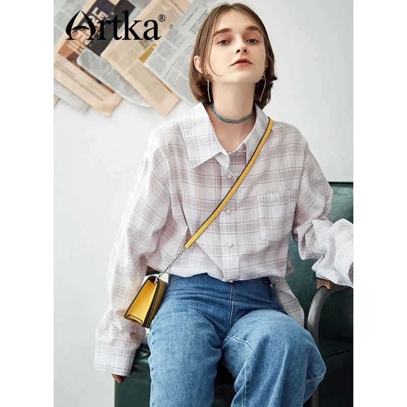 Женская винтажная рубашка в клетку ARTKA свободная хлопковая однобортная блузка с
