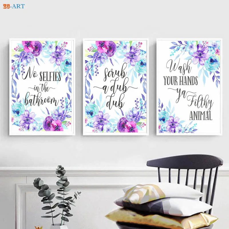 

Funny Bathroom Flush Toilet Sign Kids Room Decor Quotes Blue Flowers Posters and Prints Watercolor Canvas Painting Wall Art