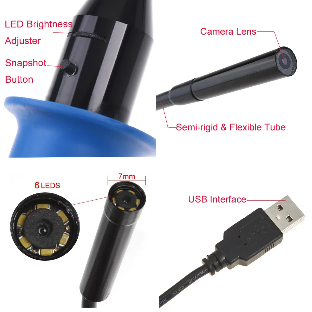 7 мм Водонепроницаемая подвижная лупа USB Водонепроницаемый эндоскоп для осмотра камеры бороскоп с ручкой 6 шт. светодиодный