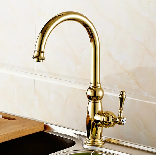 Beautifull Goose Neck Kitchen Sink Faucet Golden Rotate Spout Kitchen Mixer brass Taps Deck Mount