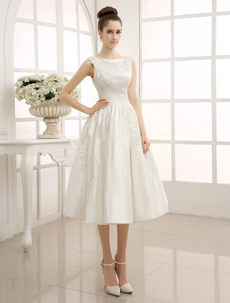 2015 New A-line Mid-calf Satin Wedding Dress Scoop Tank Cloak Back ...