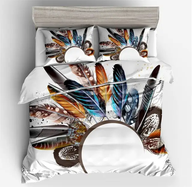 Colorful Feather Duvet Cover Set Queen Size,Various Colored Bird