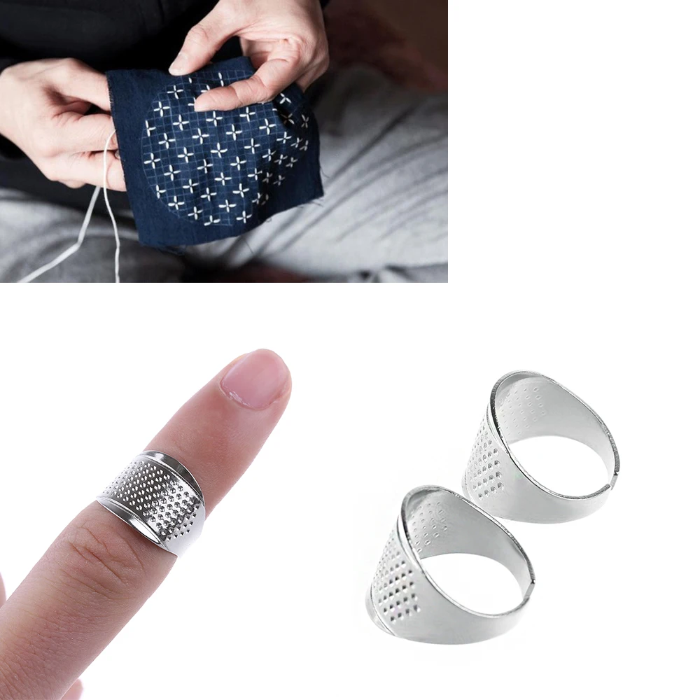 

2PCS Tailors Quilting Alloy Steel Sewing Thimble Ring Finger Protector Silver Tone