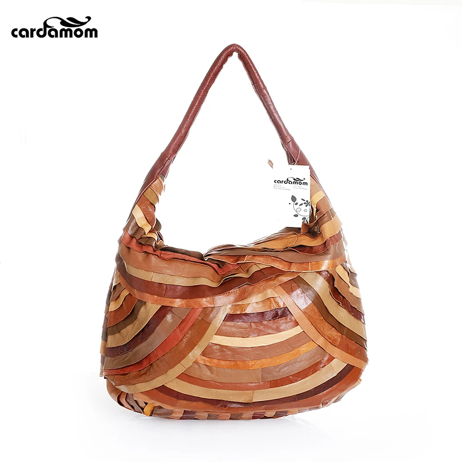 

Cardamom Sheepskin Handbags Women Bags Shape of Hobos Fashion Soft Genuine Leather Zipper Shoulder & Handbags Striped Casual Bag