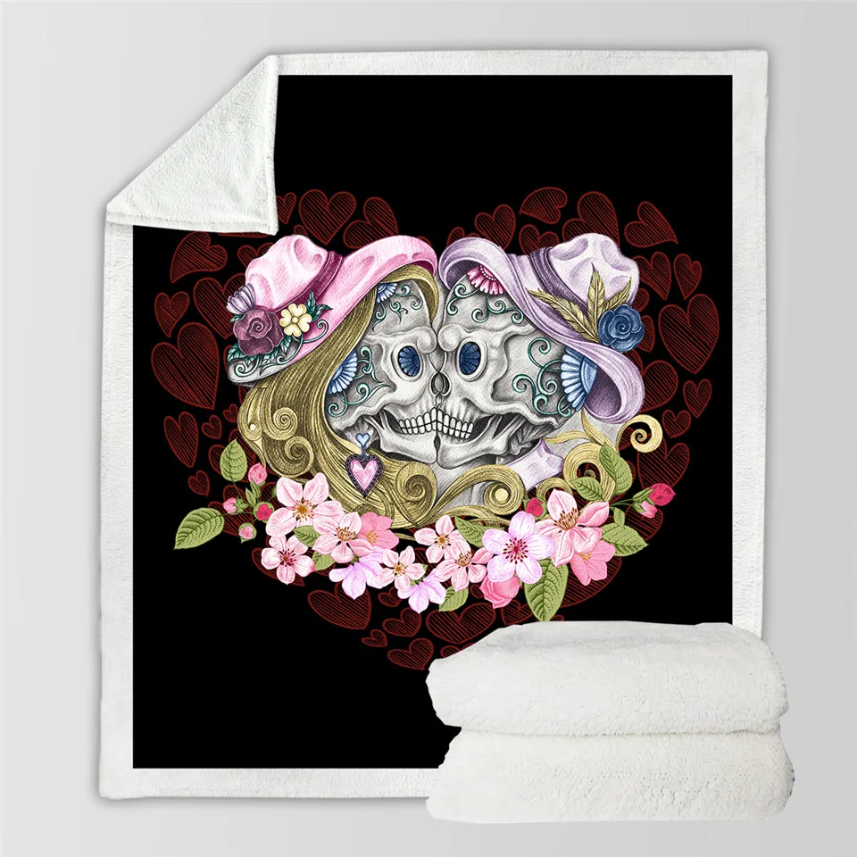 

Skull Couples Sherpa Throw Blanket Gothic Bedspread Pink Flowers Red Hearts Velvet Plush Beds Blanket 150x200cm