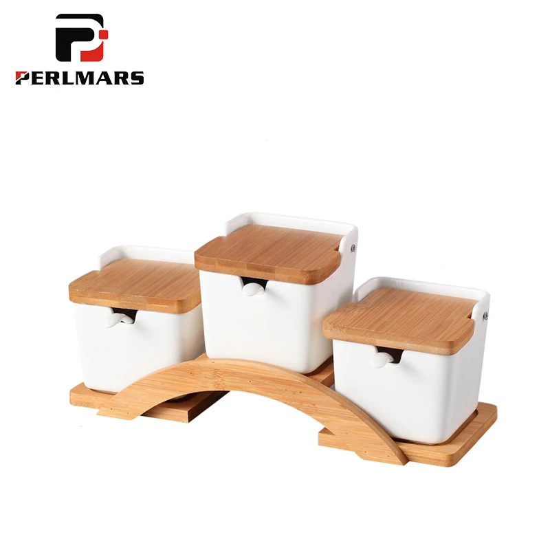 Nordic Style Ceramic Spice Tanks with Wood Bridge Shape Shelf Spoon Kit for Kitchen Accessories Tool Paprika Oil Salt Jar Gifts | Дом и сад