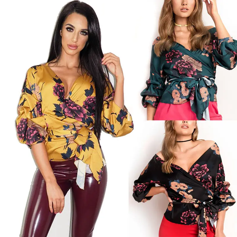 Blus Floral Print Kemeja Tuxedo Wrap 
