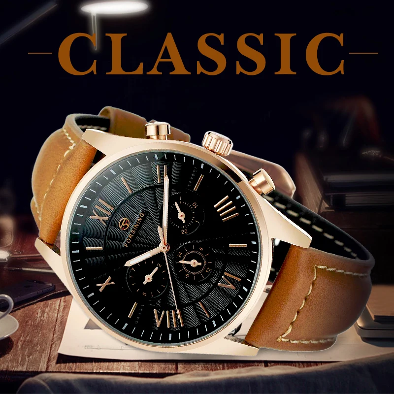 

FORSINING Mens Watches Top Brand Luxury Automatic Mechanical Multi-functional 2 Dial Tourbillion Watch Brown Genuine Leather